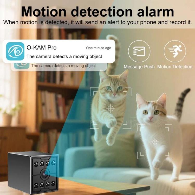 Black mini security camera cube with front lens and surrounding IR LED array on tabletop.