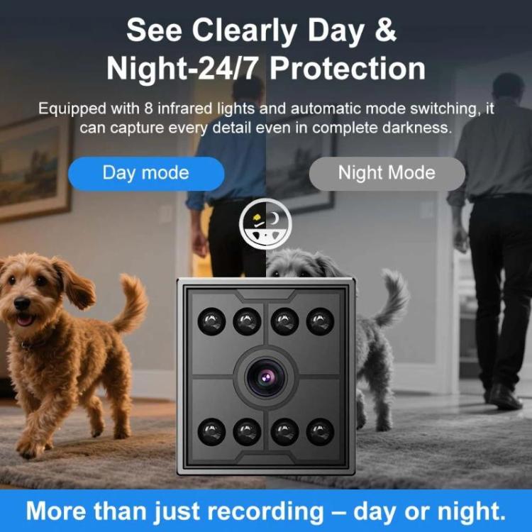 Black mini security camera cube with front lens and IR LED spots arranged around it.