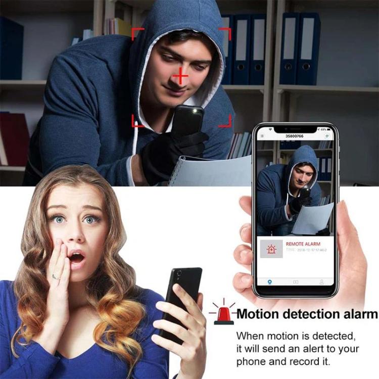 Black mini security camera cube with front lens and IR LEDs, shown in a motion alarm promo.