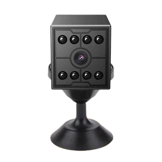 Black mini security camera cube with front lens and multiple IR LEDs on pedestal base.