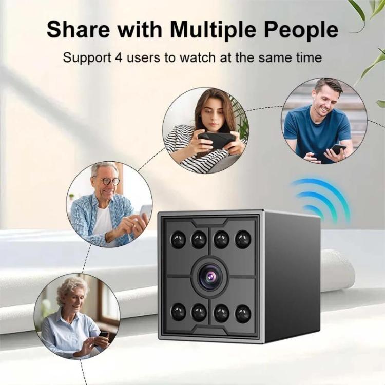 Black mini security camera cube with front lens and IR LEDs, shown with multi-user viewing icons.