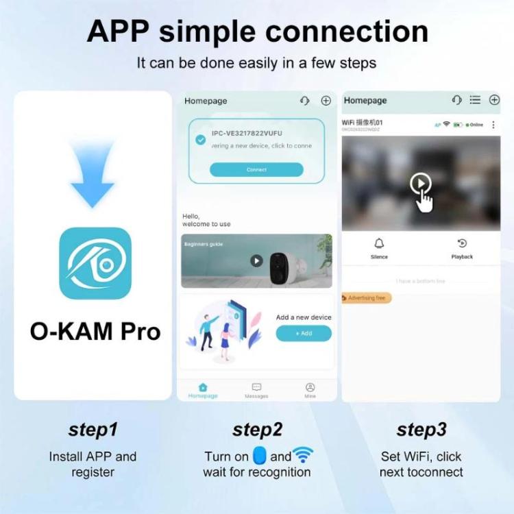 Mini security camera app connection screen with a small cube camera icon.
