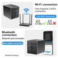 Black mini security camera cube with front lens, shown with Wi‑Fi and Bluetooth connection icons.