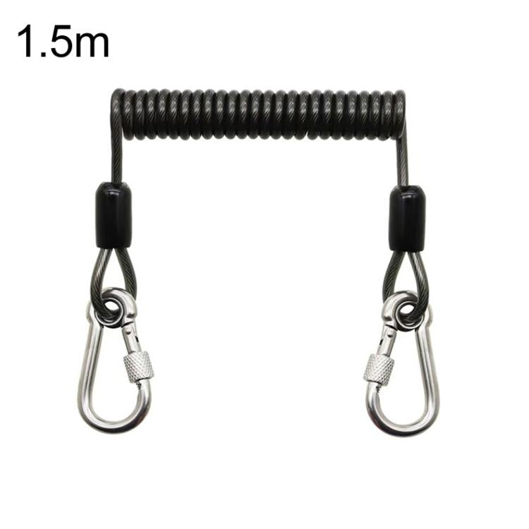 1.5m black 49-strand steel safety rope with two locking carabiners, spring coil