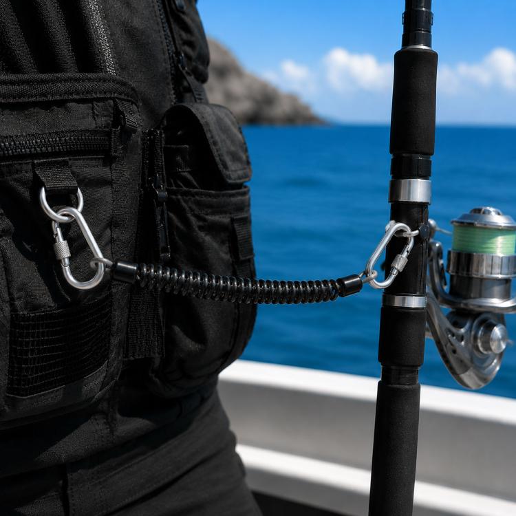 Black 49-strand steel safety rope with locking carabiners clipped to fishing gear