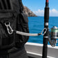 White 49-strand steel safety rope with locking carabiners attached to fishing gear