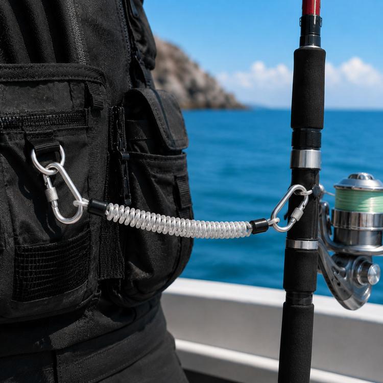 White 49-strand steel safety rope with locking carabiners attached to fishing gear