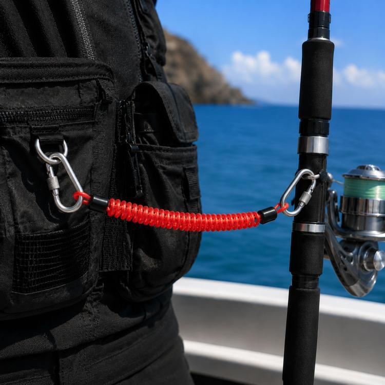 Red coiled safety rope with locking carabiners and black protective sleeves