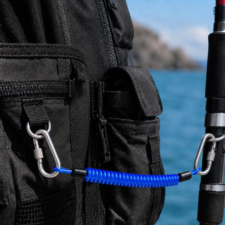 Blue coiled safety rope with locking carabiners and black protective sleeves