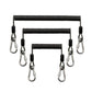 Black coiled safety rope set with three metal carabiners and rubber end covers