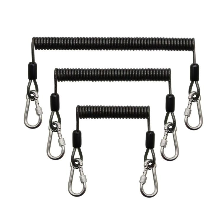 Black coiled safety rope set with three metal carabiners and rubber end covers