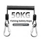 Black coiled fishing safety rope with two metal carabiners and black end caps