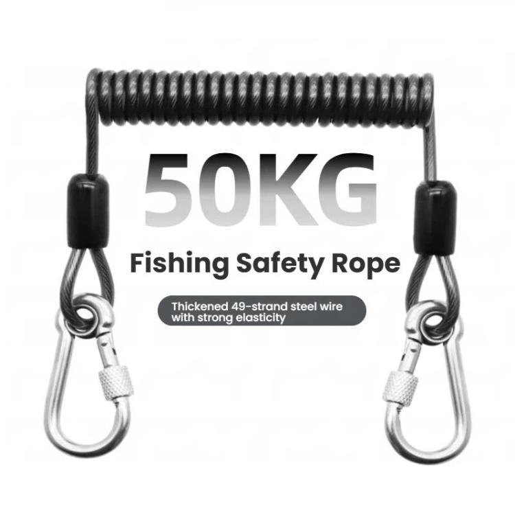 Black coiled fishing safety rope with two metal carabiners and black end caps