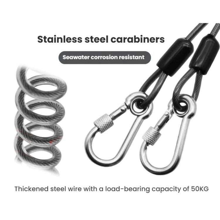 Stainless steel carabiners with black rubber sleeves on a coiled steel safety rope