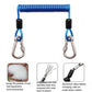 Blue coiled safety rope with two metal carabiners and black rubber end sleeves