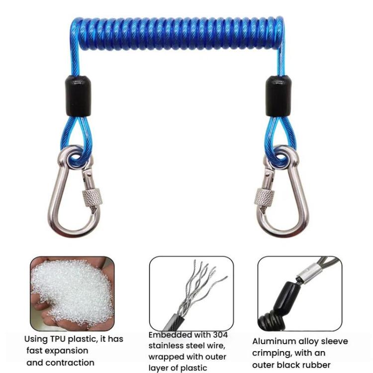 Blue coiled safety rope with two metal carabiners and black rubber end sleeves