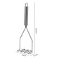 Stainless steel potato masher with double-waved base and comfort handle, shown with size.