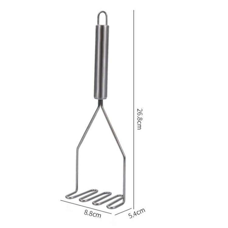 Stainless steel potato masher with double-waved base and comfort handle, shown with size.