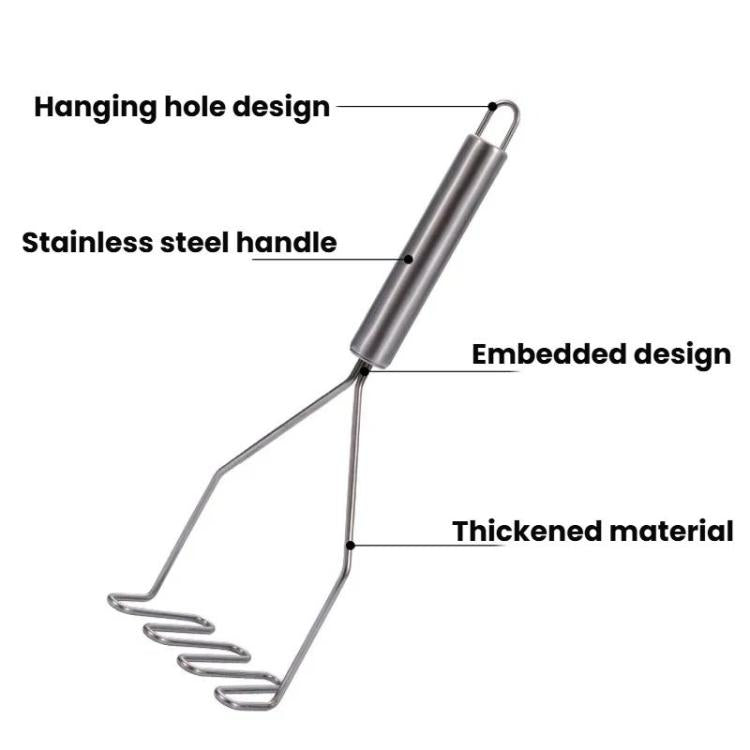 Stainless steel potato masher with hanging hole handle and thickened frame.