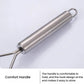 Stainless steel potato masher with comfort handle and hanging loop for storage.
