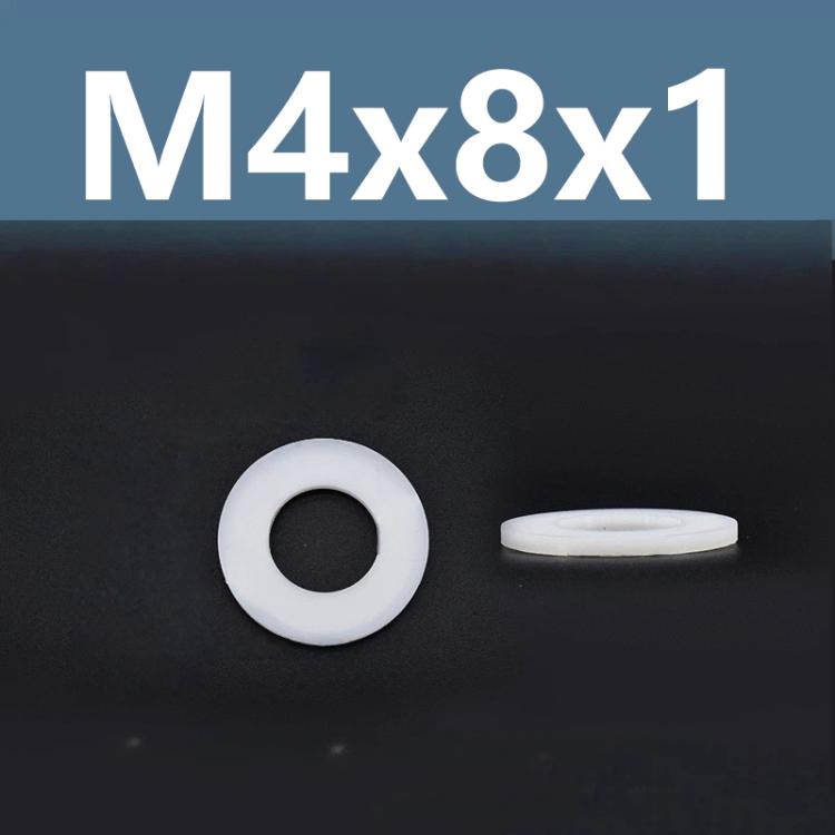 Nylon flat washer spacer with center hole, white, M4x8x1.