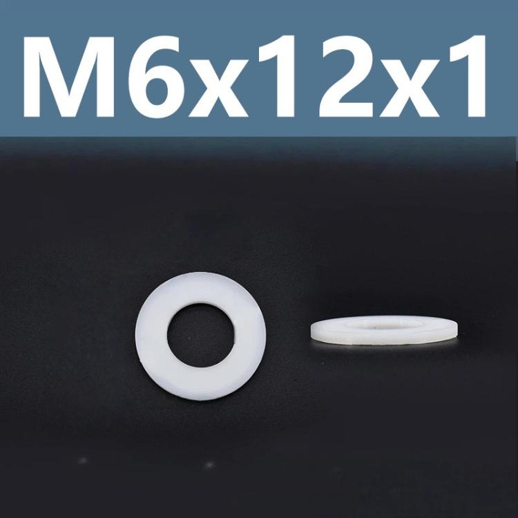 Nylon flat washer spacer with center hole, white, M6x12x1.