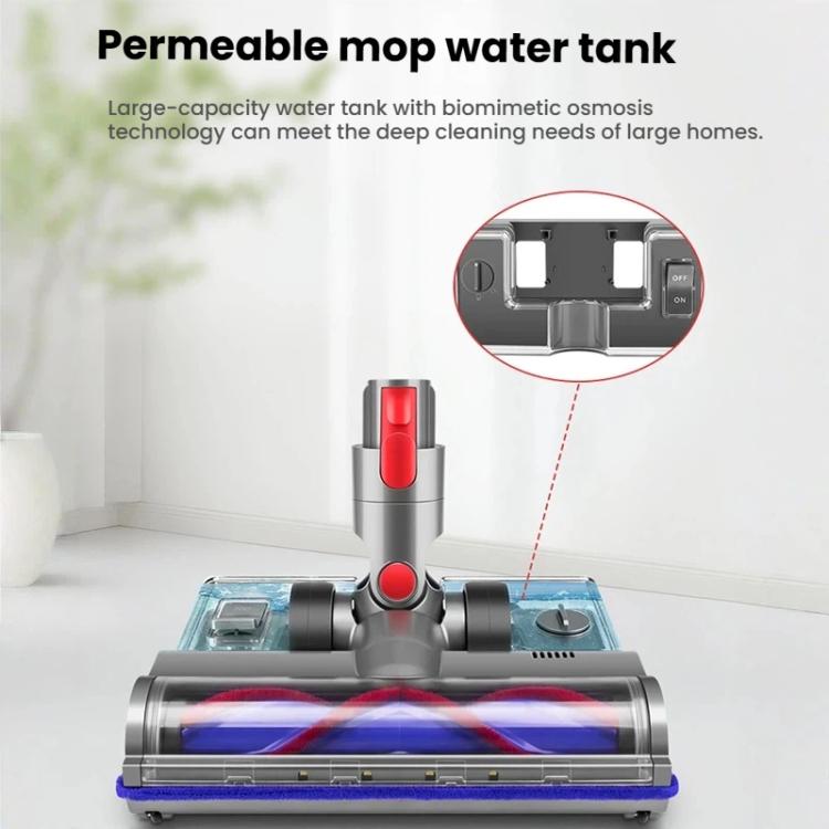 Upright floor mop with gray base, red controls, and blue cleaning roller