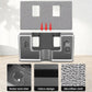 Open gray water tank compartment with microfiber cloth and OFF/ON switch