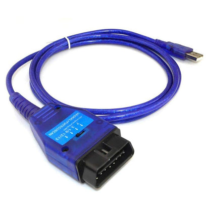 Universal car fault diagnostic tool with blue OBD cable and black 16-pin connector