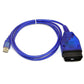 Car diagnostic cable with blue housing, USB end, and black OBD connector plug
