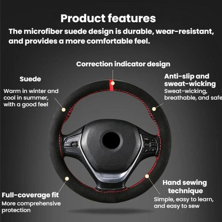 Suede Hand-Stitched Steering Wheel Cover With Center Alignment Marker Universal Car Steering Wheel Protector