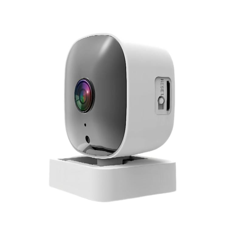 White security camera on base, black lens window and side slot details