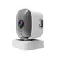 White indoor surveillance camera standing on square base, black front with lens