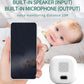 White security camera with built-in speaker and microphone, shown with phone monitoring