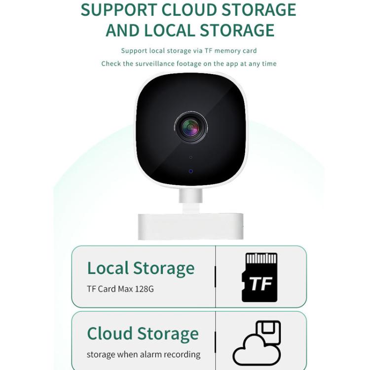Black dome WiFi security camera with front lens and white base, TF card slot
