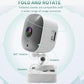Foldable rotating WiFi security camera with black lens and gray body, wall mount