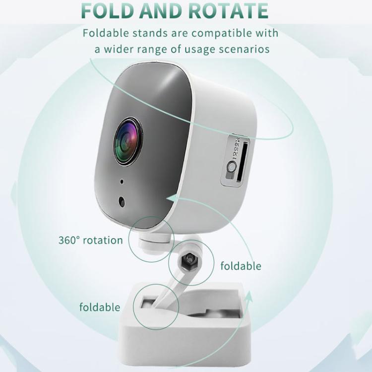 Foldable rotating WiFi security camera with black lens and gray body, wall mount
