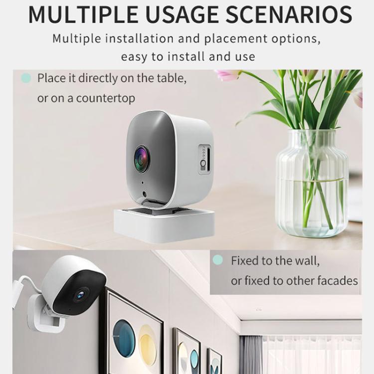 WiFi security camera with lens shown for tabletop placement and wall mounting