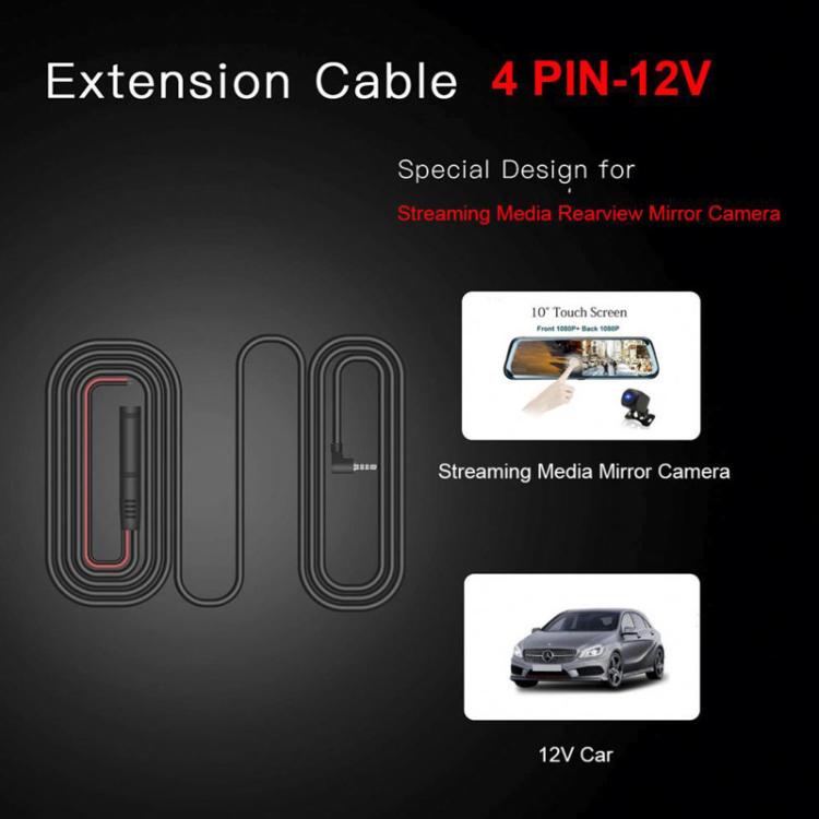 Coiled 4-pin extension cable for car rear view camera, 12V
