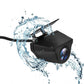 Waterproof car rear view camera with mounting base, black housing with splash