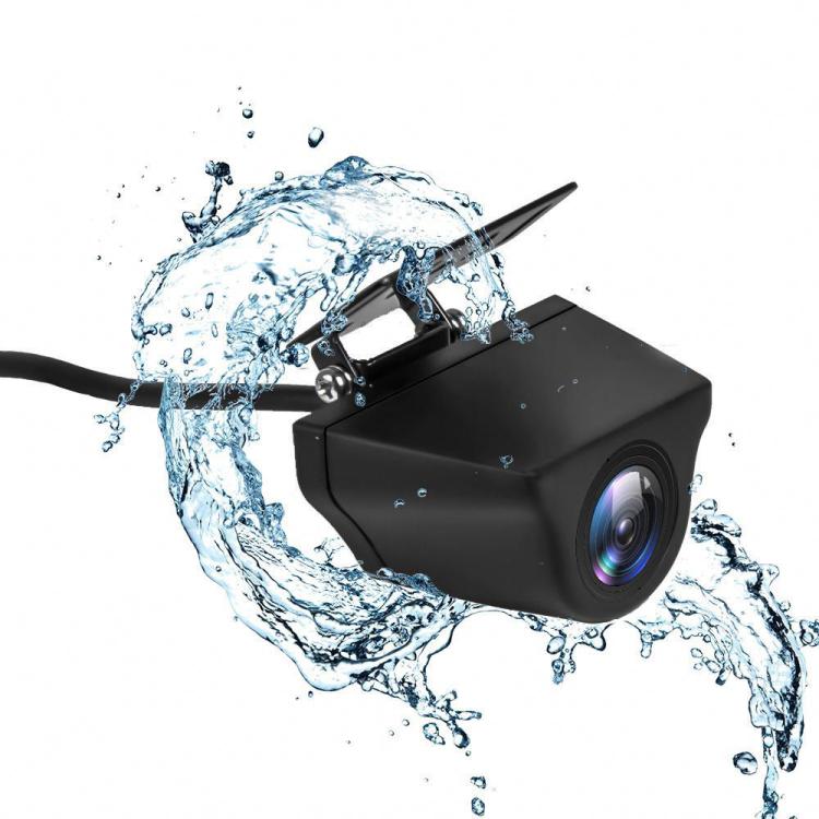 Waterproof car rear view camera with mounting base, black housing with splash