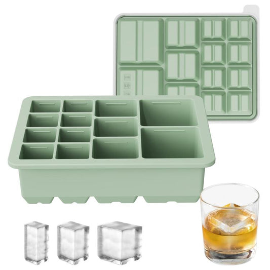 13-Cavity Multi-Sized Square Ice Cube Tray with Lid Food-Grade Silicone Mold for Easy Release Ice Making