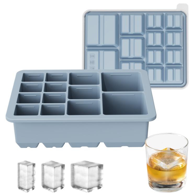 Square ice cube tray with lid, blue silicone mold with multiple cube cavities
