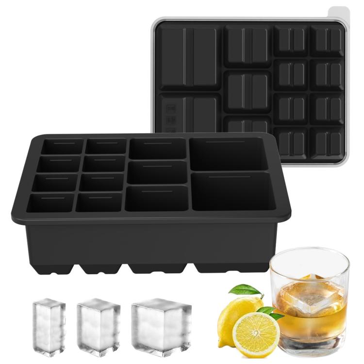 Square ice cube tray with lid, black silicone mold with multiple cube cavities