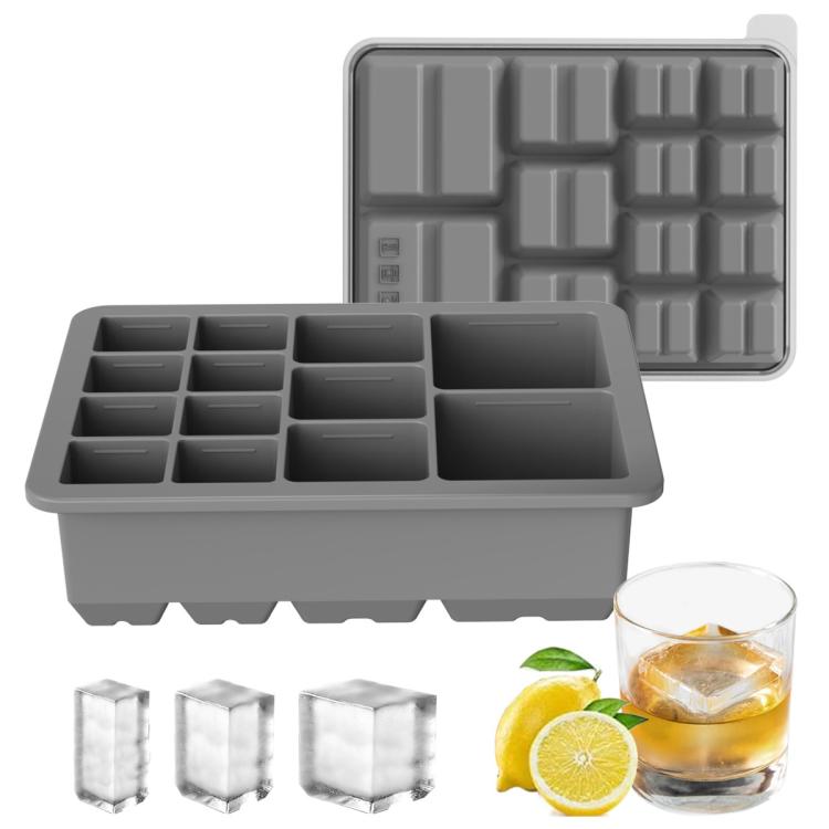 Square ice cube tray with lid, gray silicone mold with multiple cube cavities