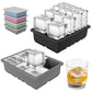 Stacked silicone ice cube trays with ice-filled cubes and a matching lid