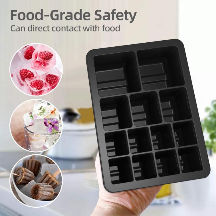 Handheld black silicone ice cube tray with multiple rectangular cube cavities