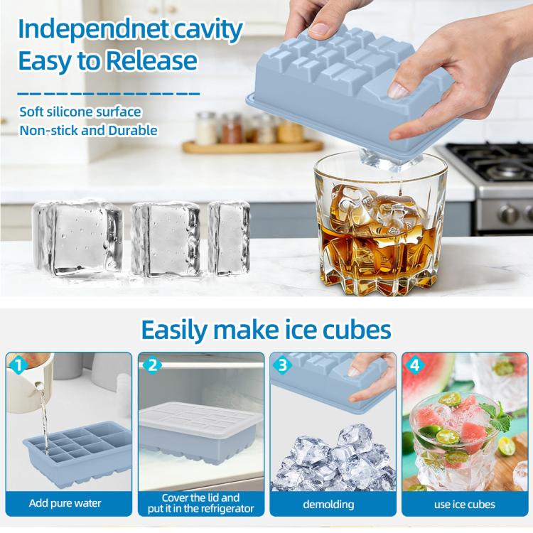 Square silicone ice cube tray with lid, showing easy-release cavities and ice cubes