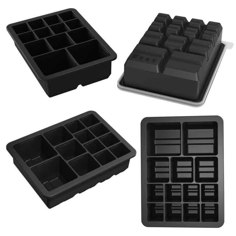 Assorted black ice cube tray lids and molds with removable cavity inserts