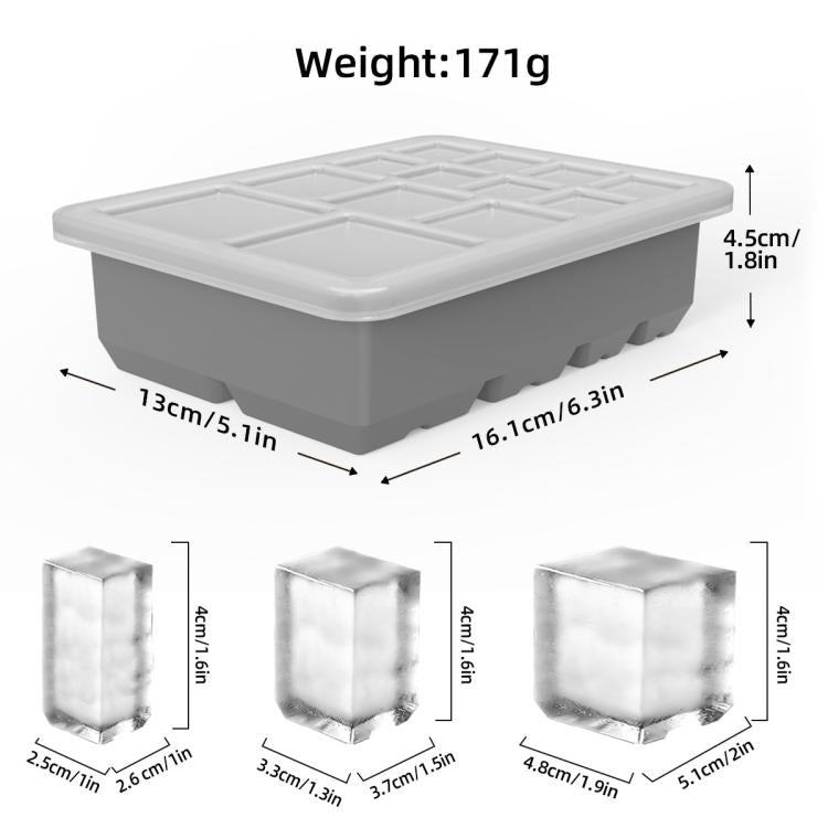 Square ice cube tray with lid, 13-cavity gray silicone mold